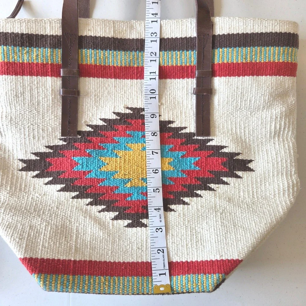 Prüne Woven Southwestern Geometric Tote Bag Cream Red Leather Straps Large